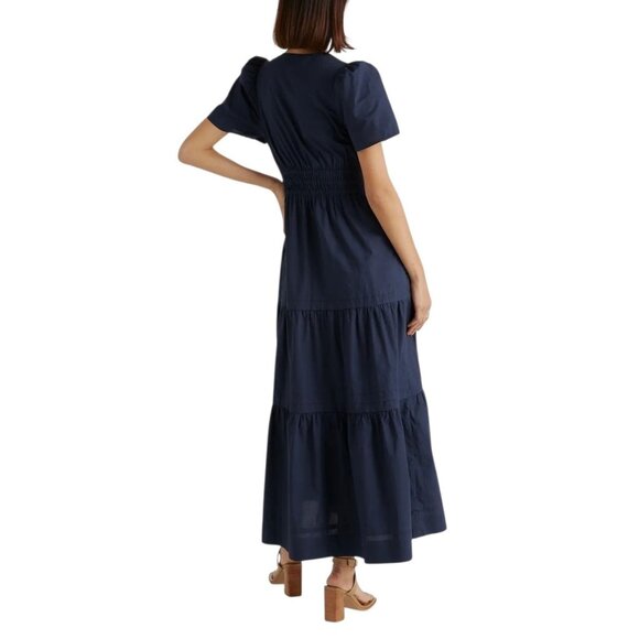 Quince Poplin Tiered Maxi Dress Navy Blue Organic Cotton Pockets Sz XS Smocked - Picture 2 of 11